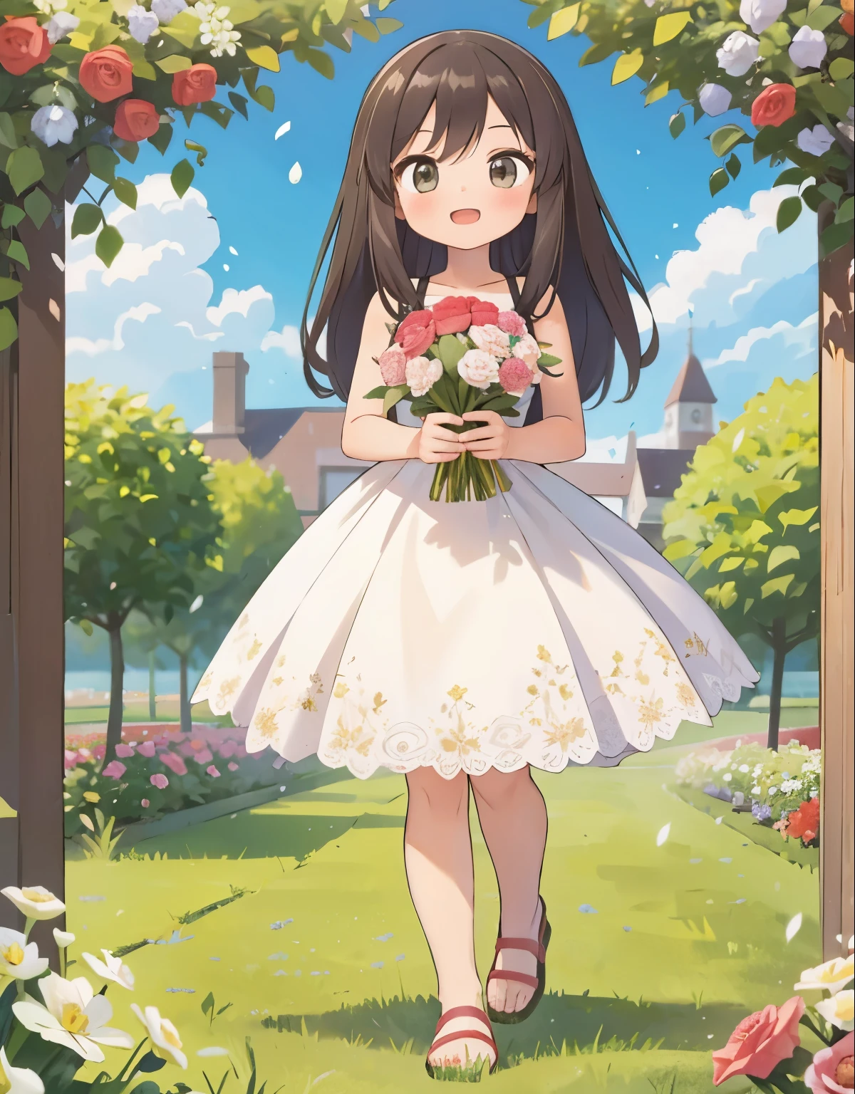 a girl walking through a garden full of beautiful flowers, full body, His expression reflects joy and happiness, blushing holding a bouquet of flowers, looking to the camera