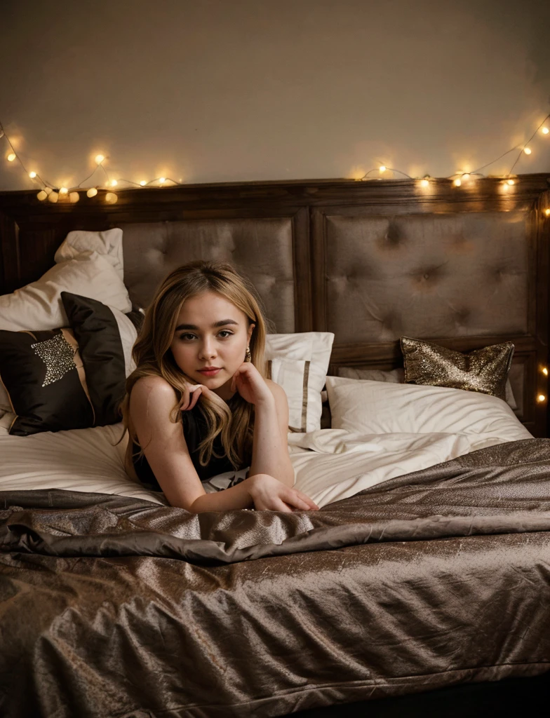 Sabrina Carpenter, in a black top and brown panties, lying on a bed, posando in bed, sitting in bed, posing in a bedroom, in bed, sitting on a bed, laying back in bed, in my bed, sitting on her bed, sexy, backlit, while posing in the same bed, lying on a bed
