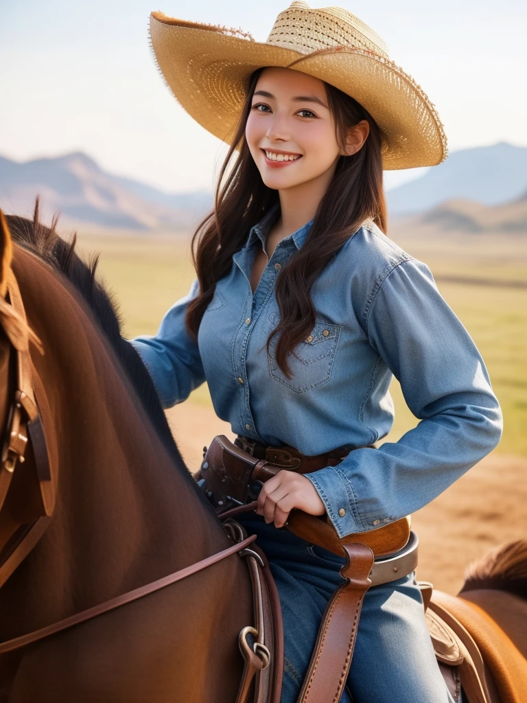 (best quality,8K,realistic,very detailed) Girl wearing cowgirl outfit and cowboy hat, riding on a realistic horse while looking at the viewer with a beautiful smile. Capture scenes with vivid colors and sharp focus, Bring it to life. The girl&#39;s eyes sparkle with exquisite details., Seductive lips are added. The majestic presence of the horse adds depth to the work... The overall atmosphere is reminiscent of a Western landscape., With a hint of adventure . The light softly illuminates the girl&#39;s face., Create a warm and inviting atmosphere. It is a masterpiece that combines the spirit of a cowgirl with the power and grace of a horse...