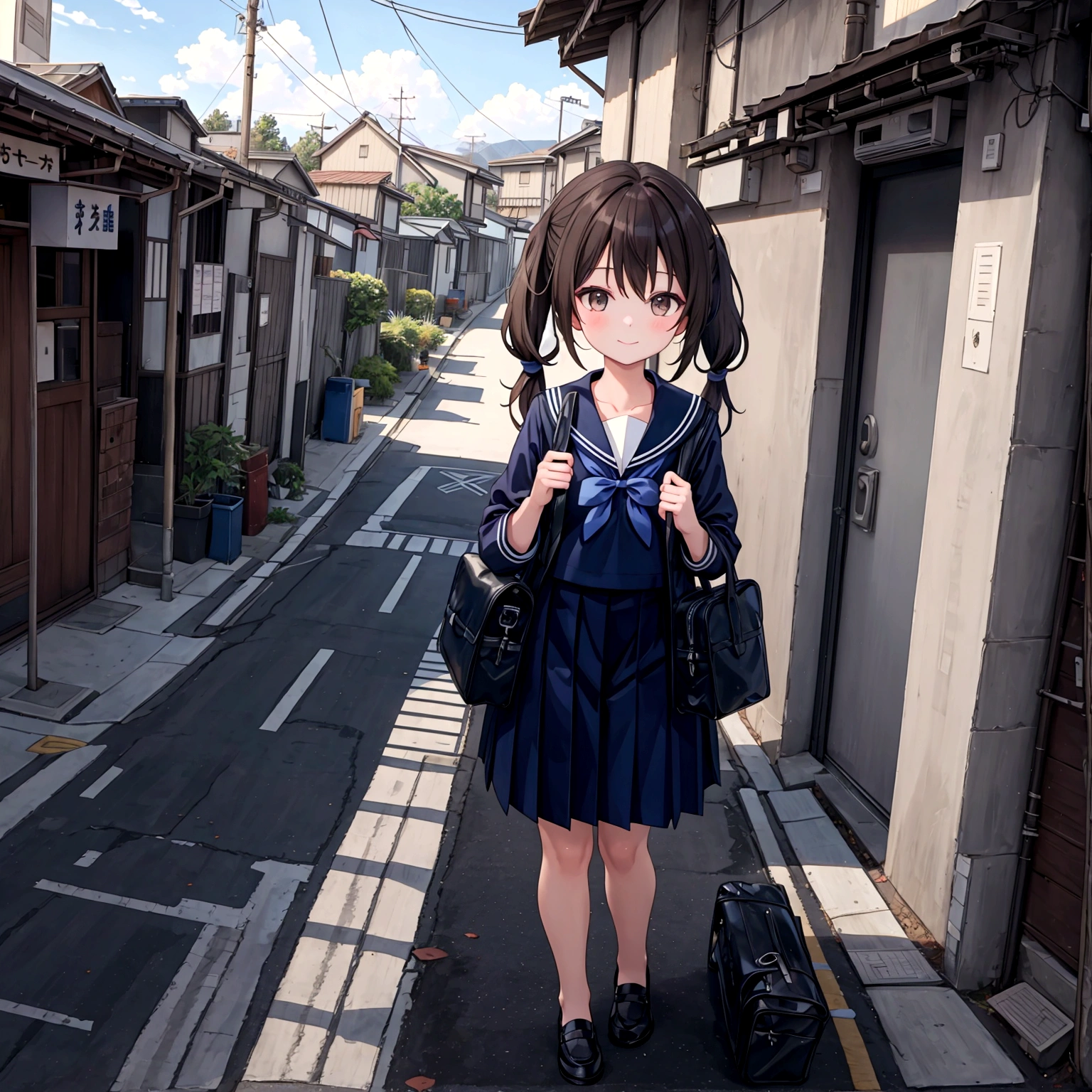 (best quality, ultra detailed, masterpiece:1.4), HD,
(1girl), standing, gentle smile, yo,
(low twintails:1.4), low pigtails, black hair, long hair,
(navy blue sailor suit with blue ribbon:1.2), long sleeves, 
BREAK 
(dark brown eyes), (school bag on right shoulder), from front, from little above, POV, alone, 
BREAK 
(sloped road, downhill, single street), Japan modern streets, prefectural road, residential area,
looking down the slope,
electric pole, electric cable, hill city,
cityscape, sea in the distance, nice view, afternoon, blue AND orange sky, 
anime, high brightness,