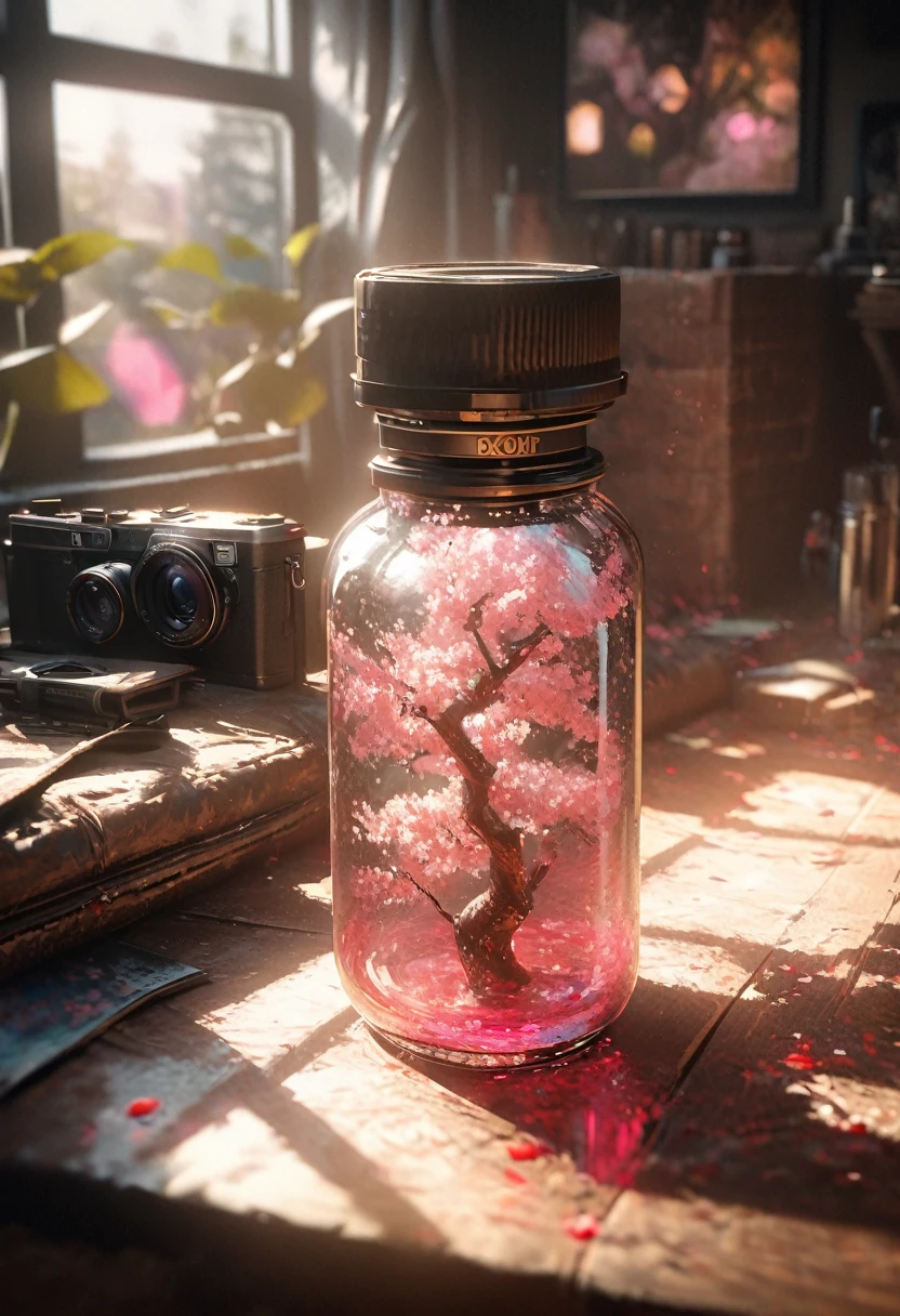 Cherry tree in a bottle, Fluffy, Practical, Atmospheric light refraction, Photo by Lee Jeffries, Nikon d850 film stock photos 4 Kodak portra 400 camera f1.6 Guns, rich and colorful, ultra Practical Practical textures, Dramatic Lighting, Unreal Engine Trends 800 on artstation cinestill, Style - Glass