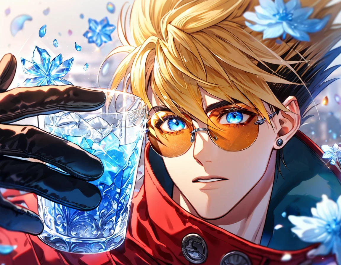 Ultra detailed, HDR, Highres, absurdres, master piece, Vash Stampede, expressive blue eyes, blond spiked hair, red trench coat, piercing, amber round sunglasses, Trigun, glass, blue ice, petals, blue ice flowers, sexy man, solo, handsome, glittering, blue glass, best quality, black gloves