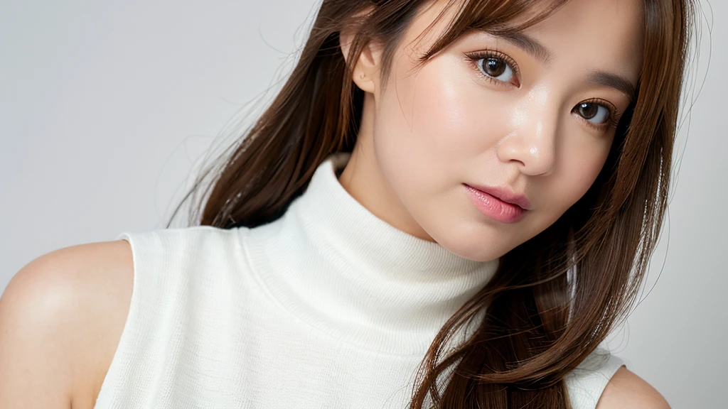 woman,(Detailed face),vivid,chest,cute,Sleeveless and(turtleneck)White knit sweater,4K,Ultra-high resolution,（Photorealistic：1.7）,White background,Long Hair,