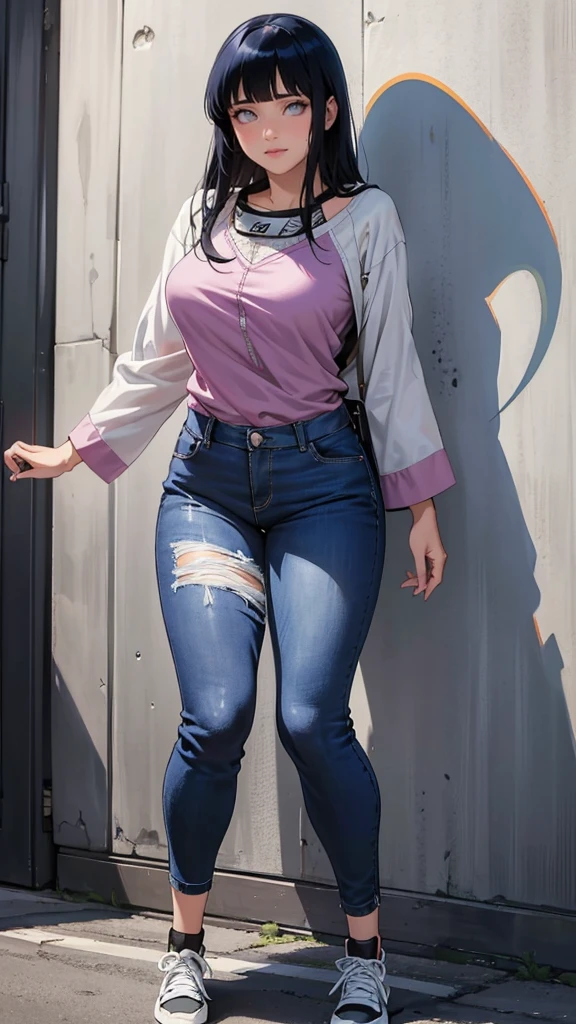 (hyuga Hinata, very sensual, with funk girl clothes, Brazilian, Rio de Janeiro, dancing funk, rolling, big-ass, legs thick, wearing tight jeans, wearing a mini blouse, umbigo com pirsing, sneakers Nike, big hair, Speaker behind, very realistic, extremely sexy, 8K, 8K extremamente detalhado), (an extremely delicate and beautiful), (Masterpiece artwork), (best qualityer: 1.0), (ultra highres:1.0)
