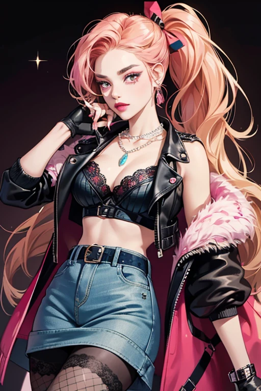 She has light skin, light teal eyes, red lips, a beauty mark on the right side of her mouth, light brown eyebrows, and pink and orange eye shadow. She has red nails. Her blonde hair is crimped and has dark brown and pink hair with some of it tied in a lace bow. Her accessories are triangular earrings which are blue (left) and pink (right), and a pearl necklace with a female gender symbol pendant. She wears black lace gloves, a blue denim jacket and a black and lace bra layered on top. She also wears a lacy white skirt with a black double studded belt, black fishnet tights, and black and white studded boots. SPARKLE; GLITTER