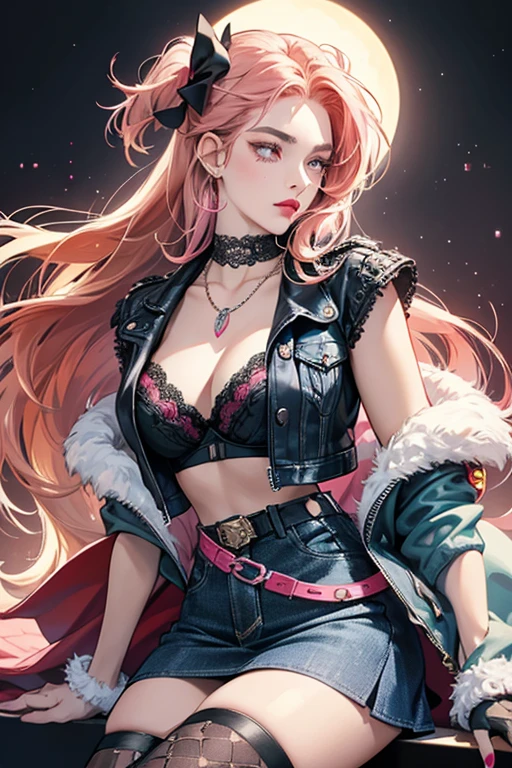 She has light skin, light teal eyes, red lips, a beauty mark on the right side of her mouth, light brown eyebrows, and pink and orange eye shadow. She has red nails. Her blonde hair is crimped and has dark brown and pink hair with some of it tied in a lace bow. Her accessories are triangular earrings which are blue (left) and pink (right), and a pearl necklace with a female gender symbol pendant. She wears black lace gloves, a blue denim jacket and a black and lace bra layered on top. She also wears a lacy white skirt with a black double studded belt, black fishnet tights, and black and white studded boots. SPARKLE; GLITTER