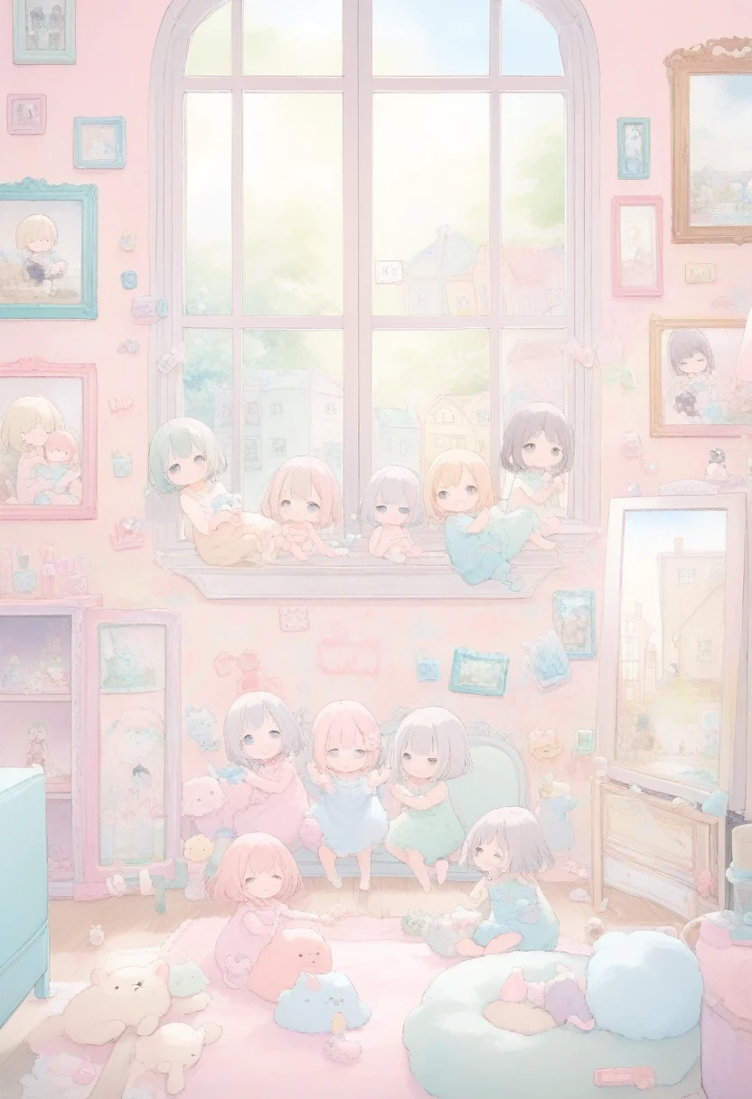score_9, score_8_up, score_7_up, score_6_up, score_5_up, score_4_up, fluffy large dog and human baby playing together, soft sparkling effects, room in the house, large windows, cute illustration style, fusion of watercolors and oil paintings, light pastel colors, 2.5D