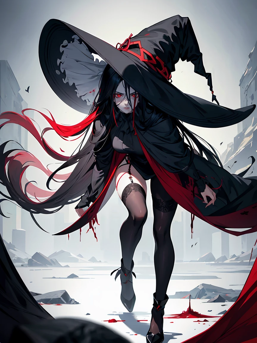 handsome woman,red-eyes,red pupils,Long black hair, grey skin, looks ill, Hyperresolution,accuracy,Detailed rendering,(Subtle facial image)(Image of fine hair)(topquality)(Masterpieces of masters)(High degree of completeness)(A sense of atmosphere)tmasterpiece,Super detailed and super detailed(full-body portrait), large witch hat, ankle length black straight hair, look in her eyes, blood, full body