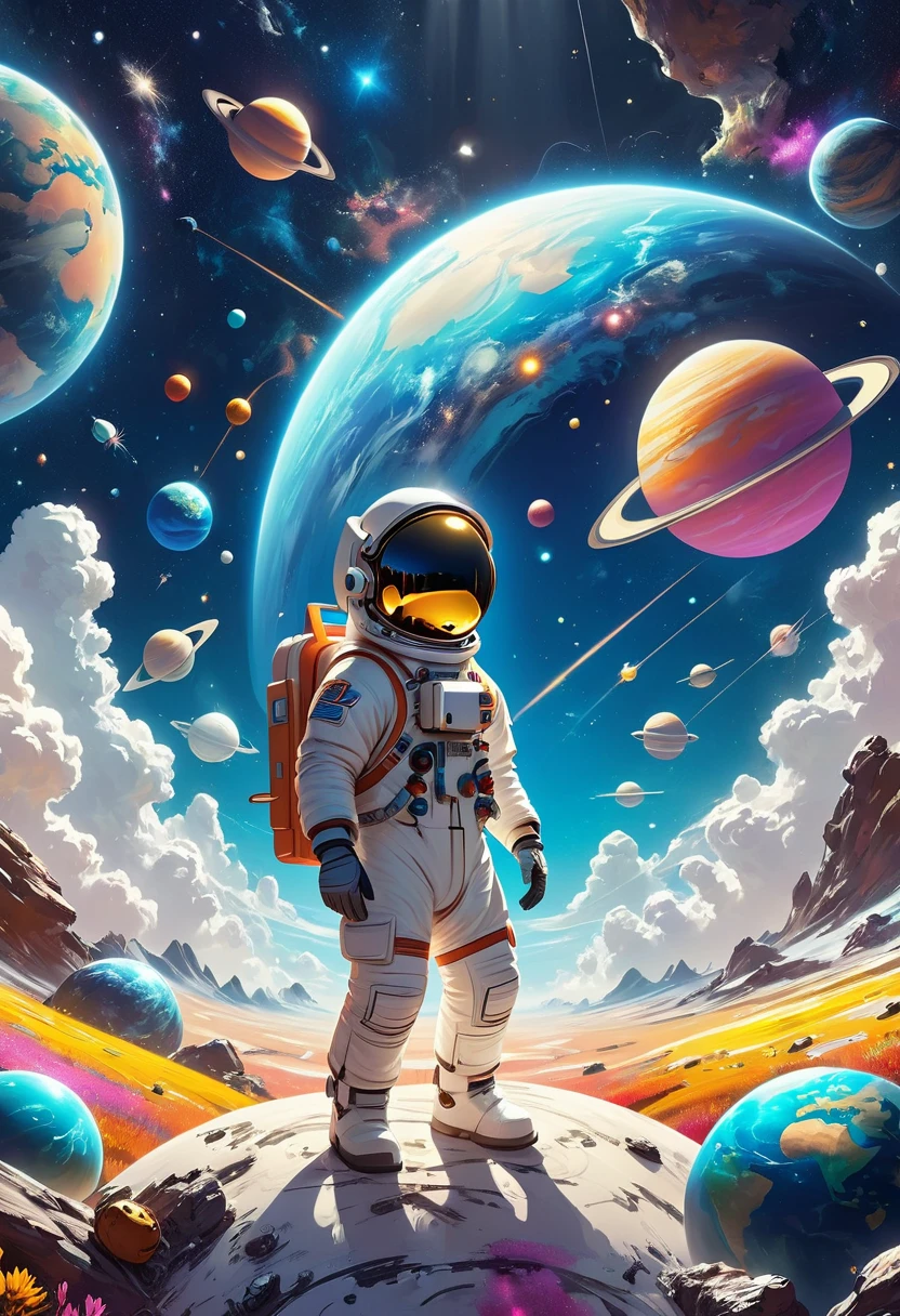 A 3d illustration of things such as a universe, astronaut, spaceship,planet, in the style of lively illustrations, childlike figures, hallyu, ad posters, use of bright colors, earthworks, soft color fields light-filled scenes