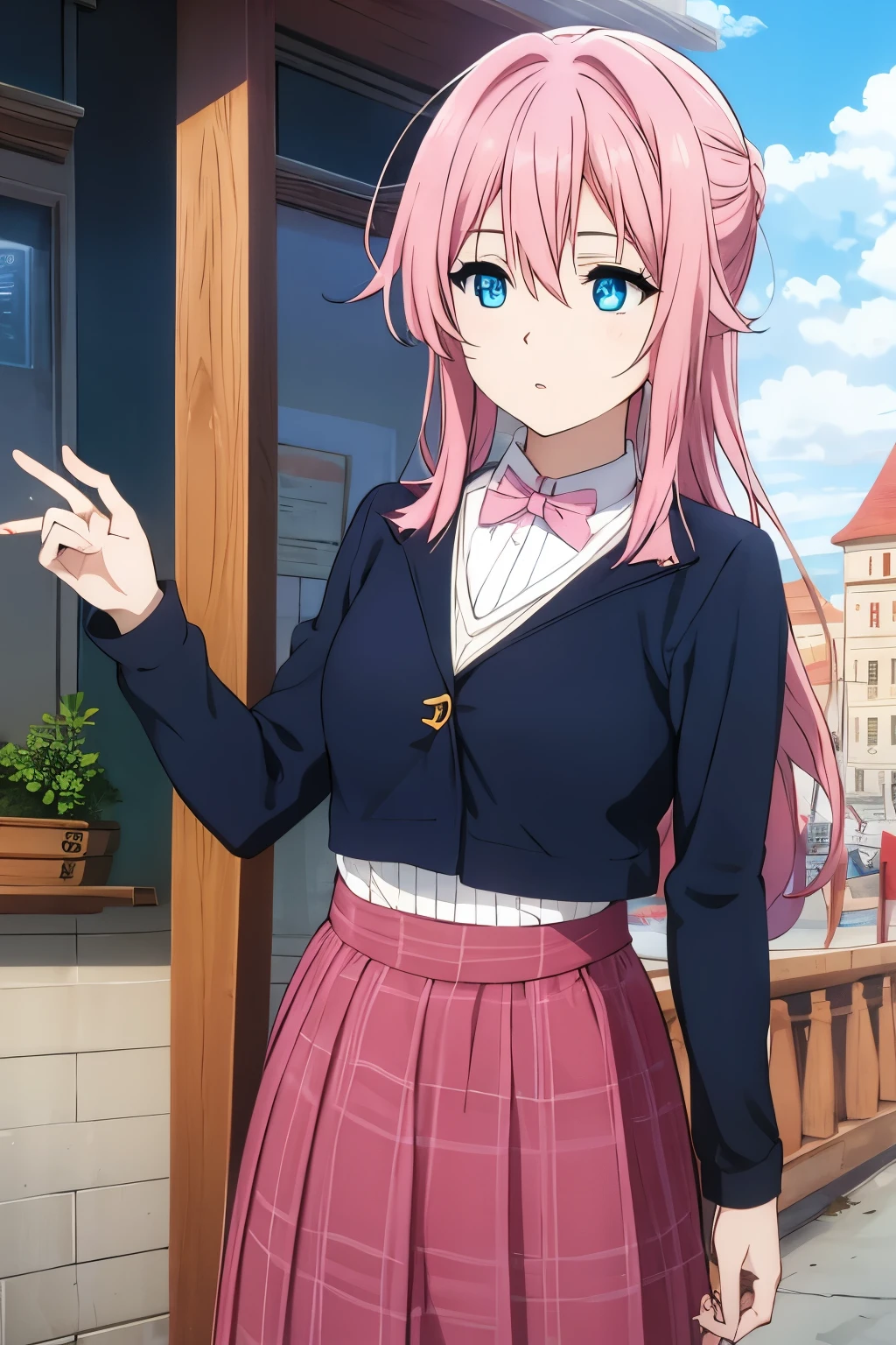 Long Pink hair, blue eyes, normal clothes
