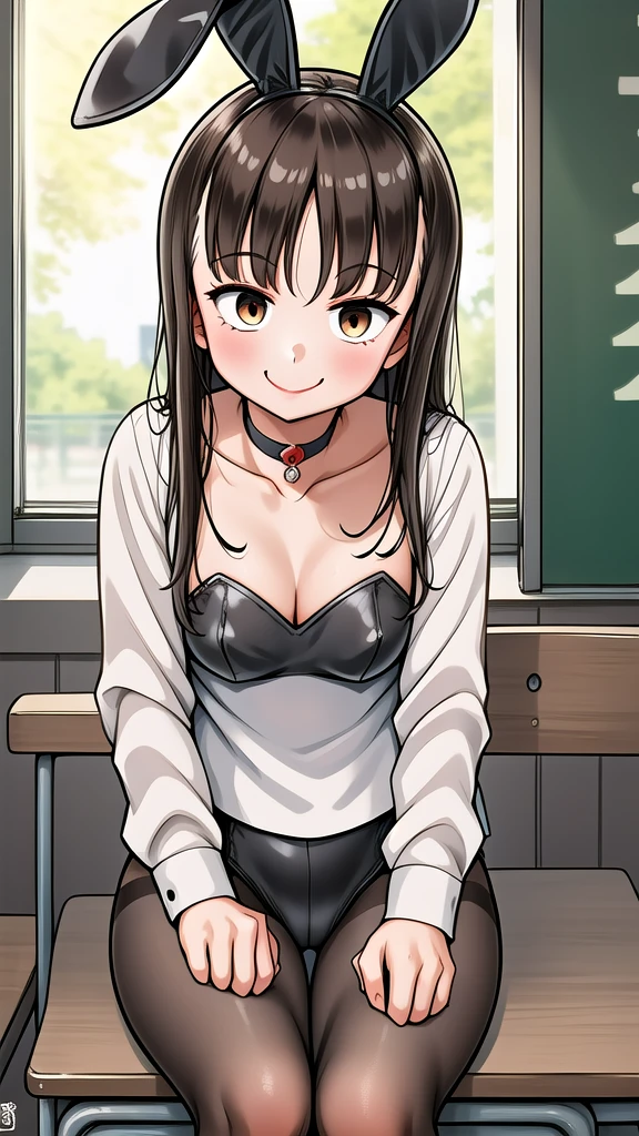 1girl, classroom, cowboy shot, sitting, smile,
yuzuki_kaede, brown eyes, brown hair, long hair, , quality, masterpiece, highres, , red choker, (black playboy bunny), (black fake rabbit ears), (black pantyhose), (black high-heels), cafe