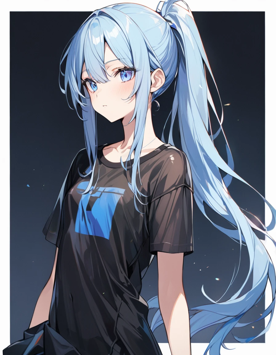 1girl,solo,19 years old,blue-long-hair,high-ponytail,blue-eyes,(tall-stature:1.2),flat-chest, black_see-through_t-shirt,thin_black_bra,
