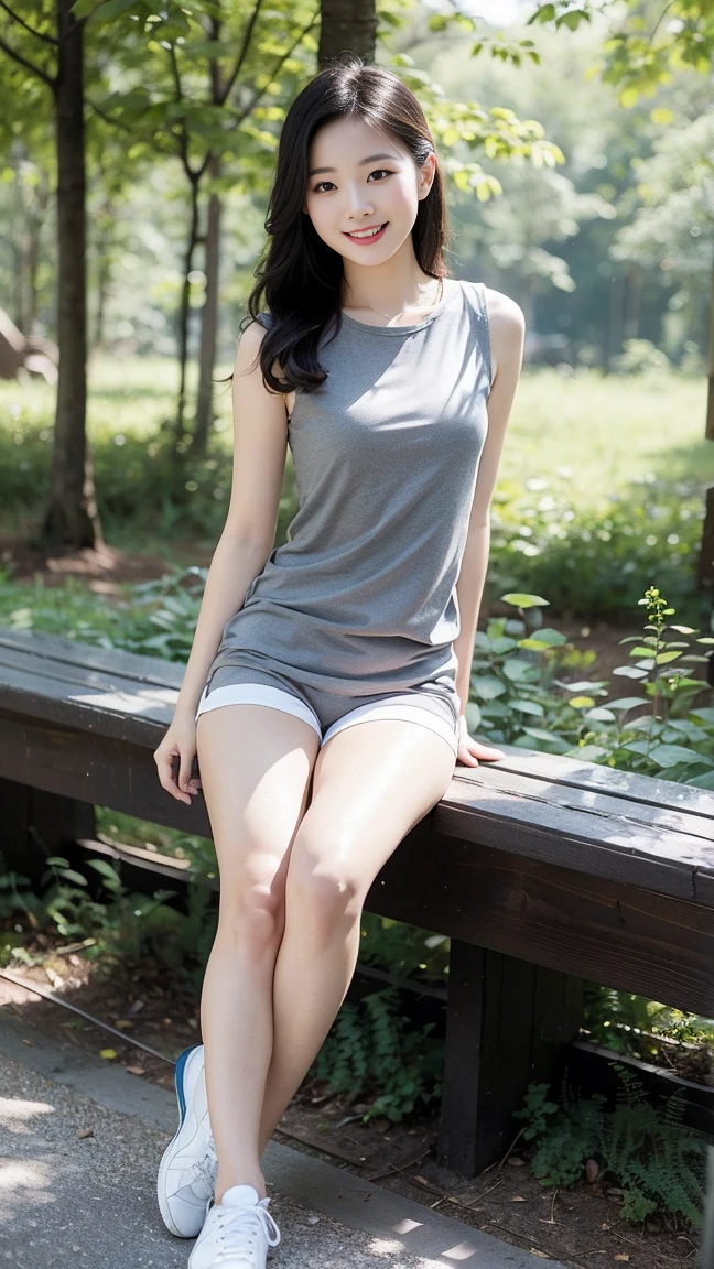 masterpiece, best quality, Surreal, Ultra Detailed, 8k resolution, RAW photos, Clear focus, (A girl in the forest), ((light gray shirt:1.1)),  sleeveless, sports Shorts,Full body posture, Solitary, Perfect body, Become a, 32 inches in the chest,(a charming smile:1), (sexy pose)，26 years old, light,White shoes