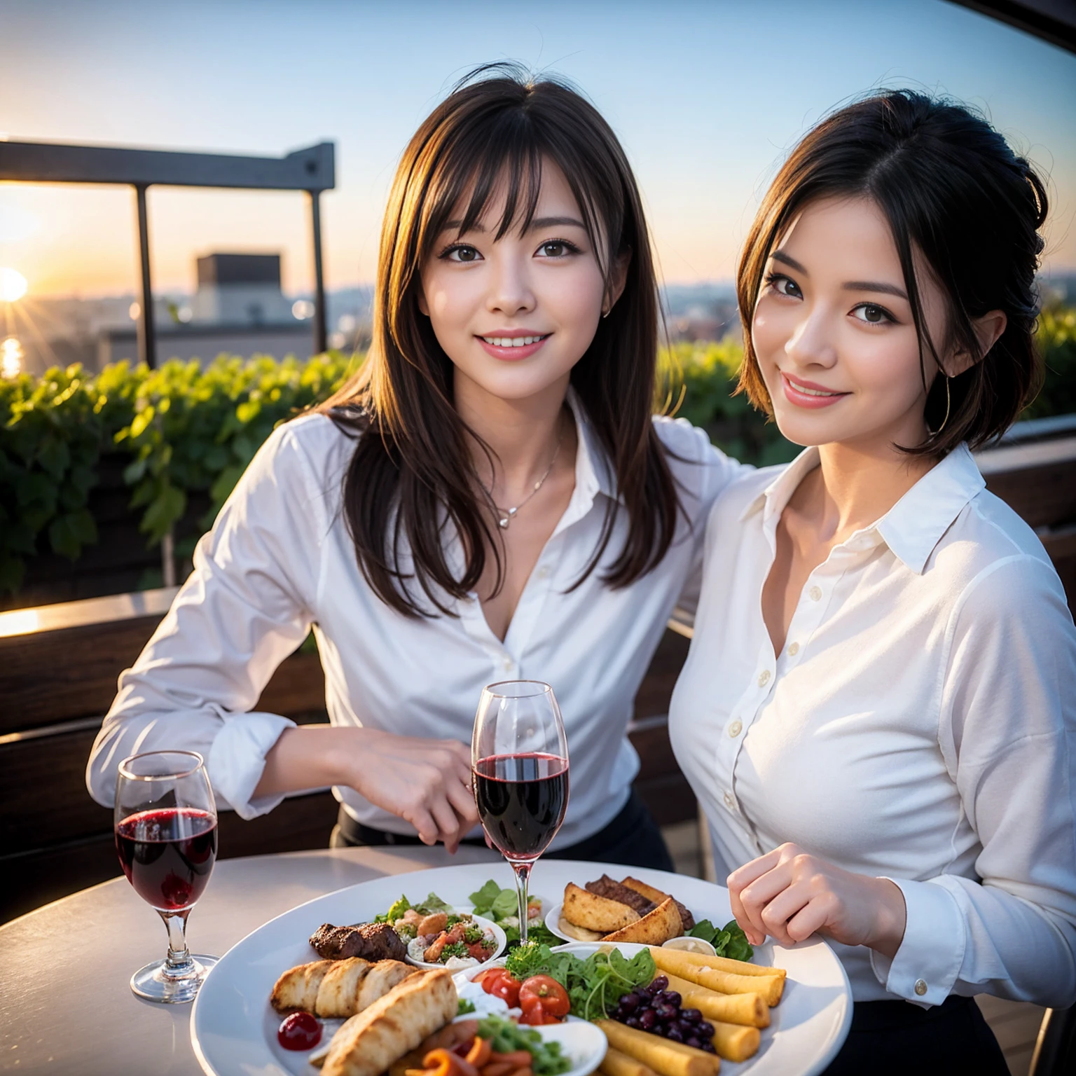 ((Highest quality、8K、masterpiece:1.3))、Yuuko Araki、slimカップル、Pink rubber、modelカップル、(Realistic, Intricate details:1.2), full-course dinner、Wine Party、Amazing view of the sunset sky and clouds、A bright smile、The wonderfulness of smile、Bright image、The beauty of wine, Beautiful Face, blue eyes, The light shines on your face, Blushing, short hair,Bright Face、 (Age 37), 39 years old, red wine 、Appetizers、Italian food、Wine bottle、Champagne、sparkling wine、Two beauties、Brown Hair、Shortcuts、Long sleeve shirt、dress、Beautiful woman 1, (slimな顔), (The body is slim), (Brown Hair), (Shortcuts), cheeks turn a little red,Attractive beauty、restaurant, In a prominent place (From the waist up) Nova Frog Style, actress, model, Upper Body, White wine, slim, wine glass, 中央に置かれたwine glass, smile, (smile: 1.15), Beautiful fine grain, Depth f/2,saturation, High Contrast, Strong light and shadow,Moist Body:1.5、3D texture、Delicate eyes、Brown Hair、The hair is very shiny、