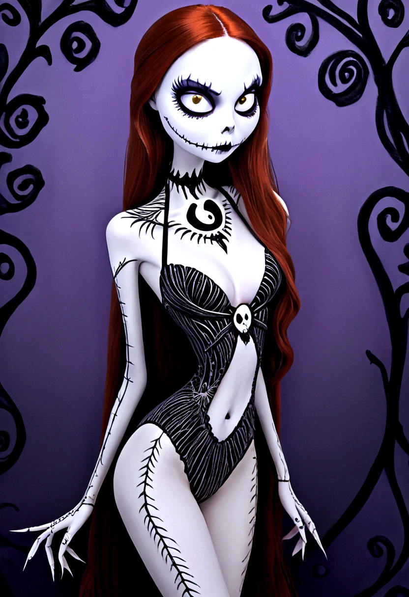 Create a hyper detailed photograph of a jack Skellington tattoos young sexy stunning gorgeous sally Skellington, Stunningly perfect gorgeous face, perfect makeup, detailed vibrant eyes, long hair,detailed perfect beautiful legs, detailed perfect beautiful arms, realistic torso, detailed silky smooth skin texture, detailed silky smooth perky breast, perfect round ass, transparent strappy lace lingerie, back to viewer, looking forward,