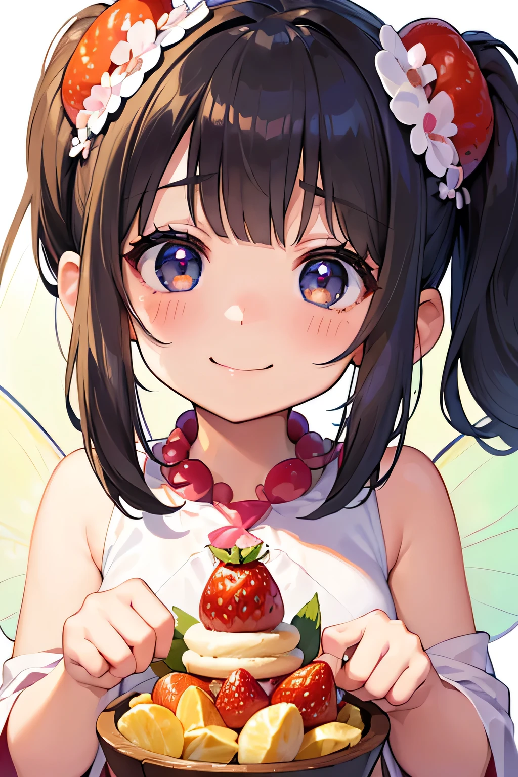 Highest quality、High resolution、Detailed Background、(Beautiful face in every detail:1.4)、Anatomically correct、(Detailed eyes:1.2)、age Girl、Highly detailed face、cute hair color、Bobcut、ponytail、Twin tails、Fairy、A big smile、smile、cute gesture、
(Two cute Fairies are looking at you:1.5)、Fruit and food costumes、Fruit and Candy Costumes、Colorful and cute、Strawberries or bananas、Donut costumes、cute