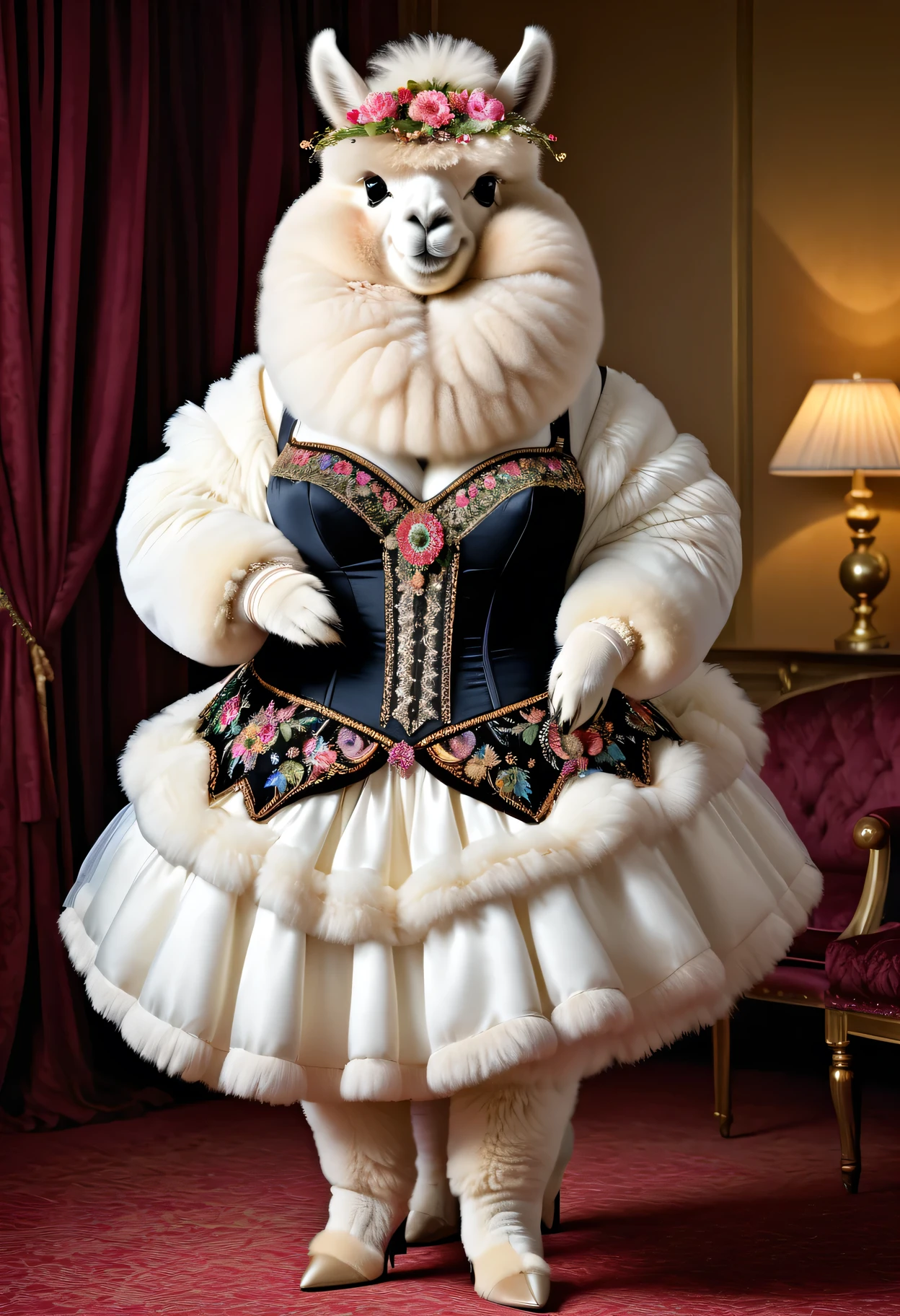 photorealistic portrait of Dressed animals-a ((fat)) ((angora alpaca)) dancer,(The whole body is covered with fur:1.5), (elegant pose:1.5), (hands on hips:1.5),(smile:1.5),high quality,(happy),(lovely) ,intricate details, Wearing bustier, (), highly detailed ((bustier)) ,highly detailed decorations of clothes, Fishnet panty horse , (happy), soft lighting,(full body image:2.0),luxury hotel room background,(high heels),