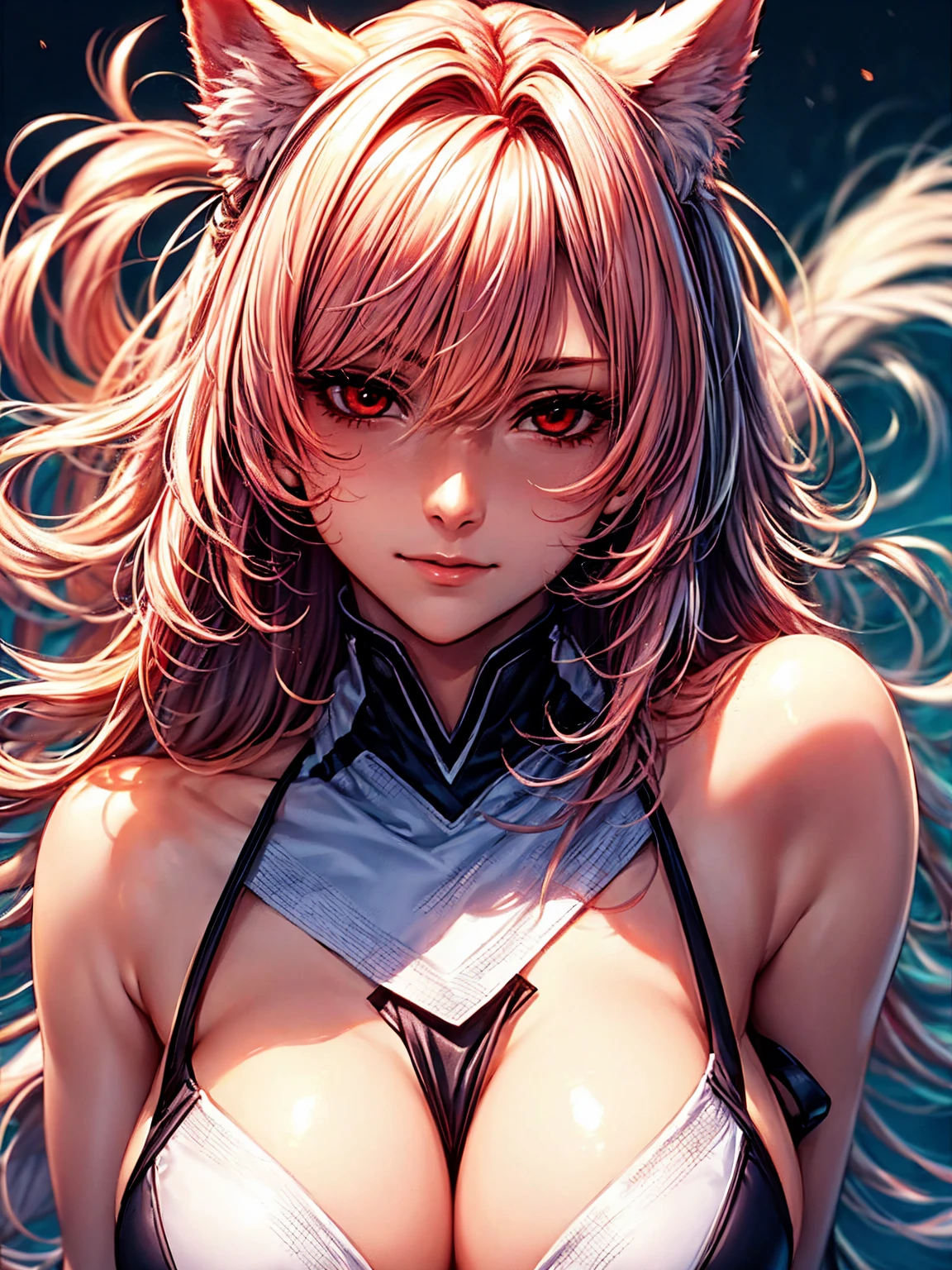 top quality、masterpiece、very high resolution、Ultra high quality、High quality pixels)、perfect eyes, perfect face, Perfect body,alone,8k, Big breasts,(Detailed description of hair), (Detailed description of face),(detailed description of body), Fair and translucent skin, gorgeous, long legs, Detailed expression of light pink hair, Details have been updated,(red Eye color: 1.3),model pose,wolf ears,pink wolf tail,swimsuit,poetic environment, girlfriend ssmile