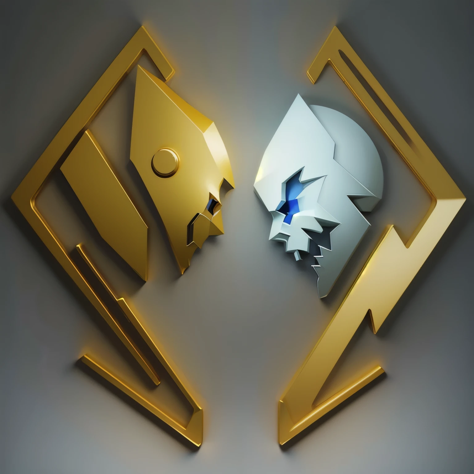 Organic logo using two robot heads, one with an aggressive format and the other with a passive format, simple for a metal faction in an RPG world, iron emblem, only gray color, resistant, adaptive, Symmetrical, chic, high qualiy, details always with square corners, with background
