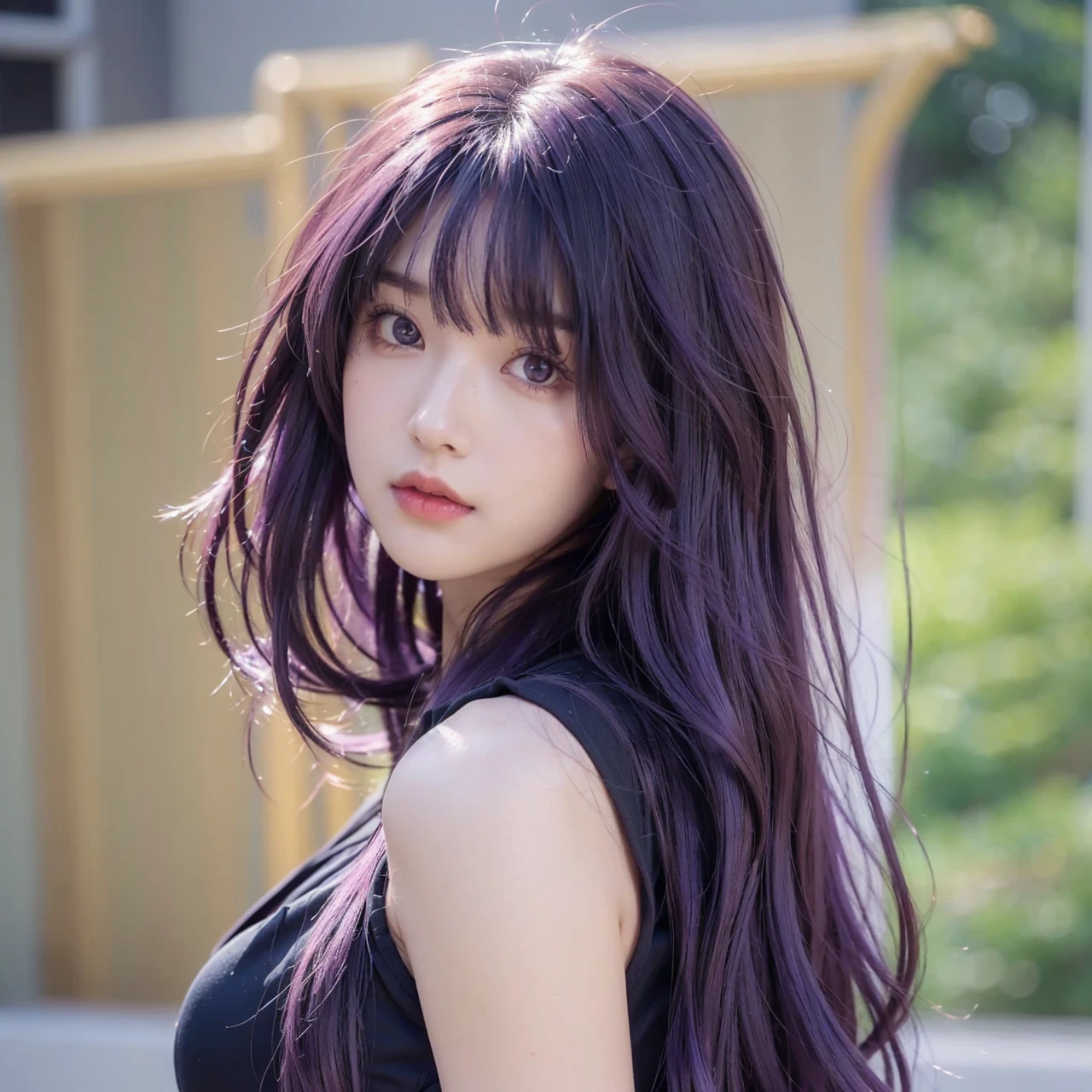 1girl with long hair and black dress standing in front of a door, anime girl wearing a black crop top, (Light purple hair), (Long hair), fair skin, purple eyes, pretty face, big breasts, see-through bangs, (((Perfect)))