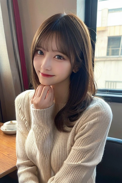 masutepiece, Best Quality, Illustration, Ultra-detailed, finely detail, hight resolution, 8K Wallpaper, Perfect dynamic composition, Beautiful detailed eyes, Cropped knit sweater,Straight hair,medium breasts natural color lip, Randomly sexy poses,Smile、20 years girl、Cute、Sexy shot looking at camera,Perfect and beautiful face