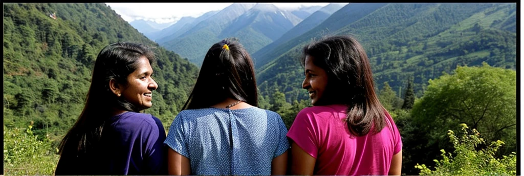 Three Indian women, one 18 years old, one 25 years old and another 35 years old. Although their faces are not clearly visible, it is clear that they have been released from long imprisonment. They look back at the mountain. There is a mountain in front and birds are flying around that mountain.