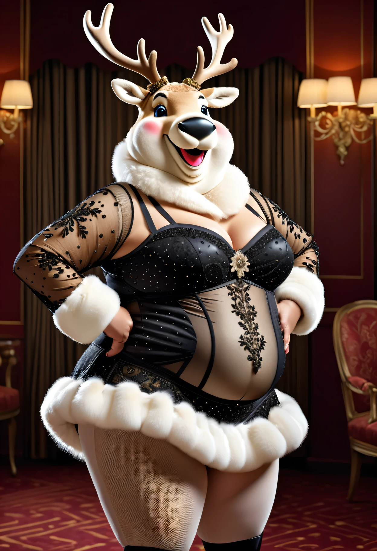 photorealistic portrait of Dressed animals-a ((fat)) ((reindeer)) dancer,(The whole body is covered with fur:1.5), (elegant pose:1.5), (hands on hips:1.5),(smile:1.5),high quality,(happy),(lovely) ,intricate details, Wearing bustier, (), highly detailed ((bustier)) ,highly detailed decorations of clothes, Fishnet panty horse , (happy), soft lighting,(full body image:2.0),luxury hotel room background,(high heels),