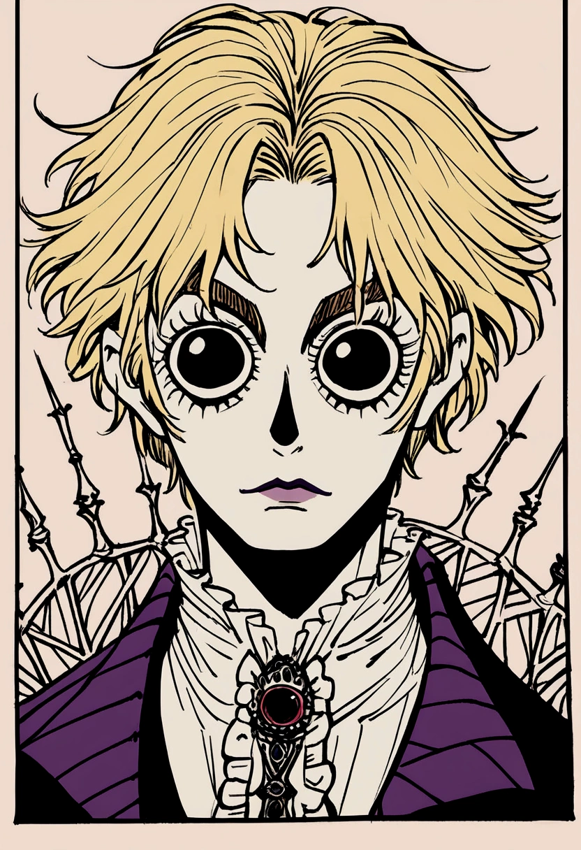 middle aged man, short hair to the sides, blond, art style drawing gothic tim burton, portraite