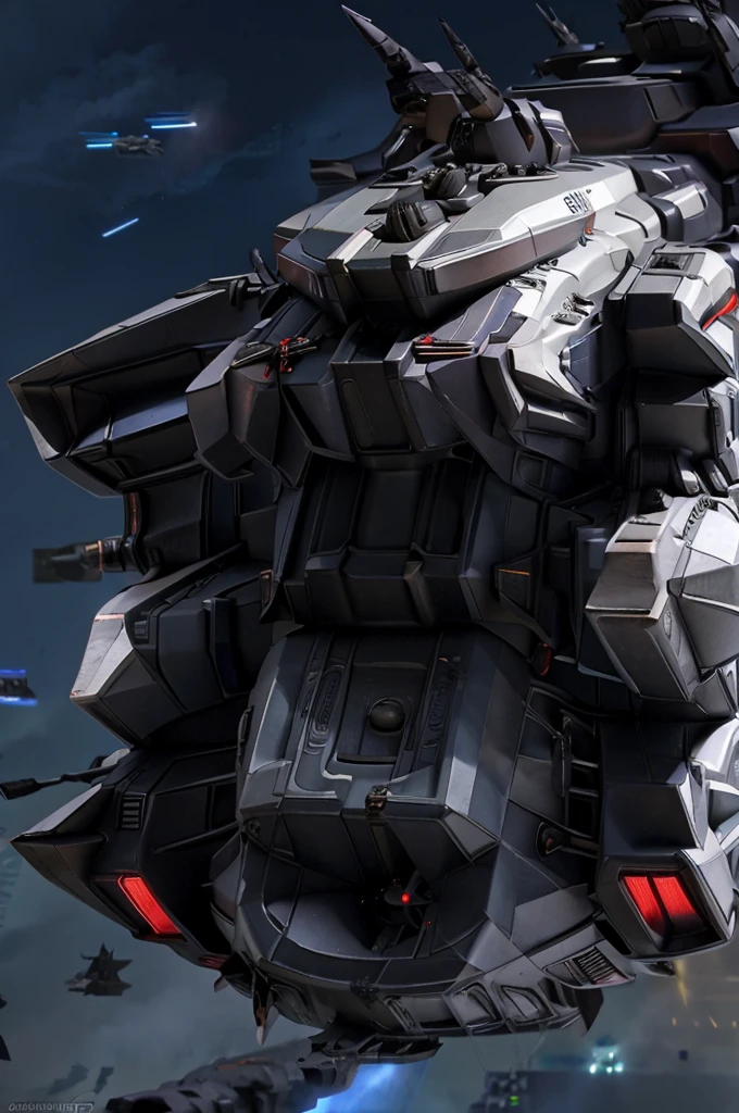 a triangular shaped spaceship dreadnought with rows of gun turrets and missile tubes on top and bottom and large rocket thrusters in the rear passing in front of Jupiter, masterpiece, best, epic space scene, photo realistic