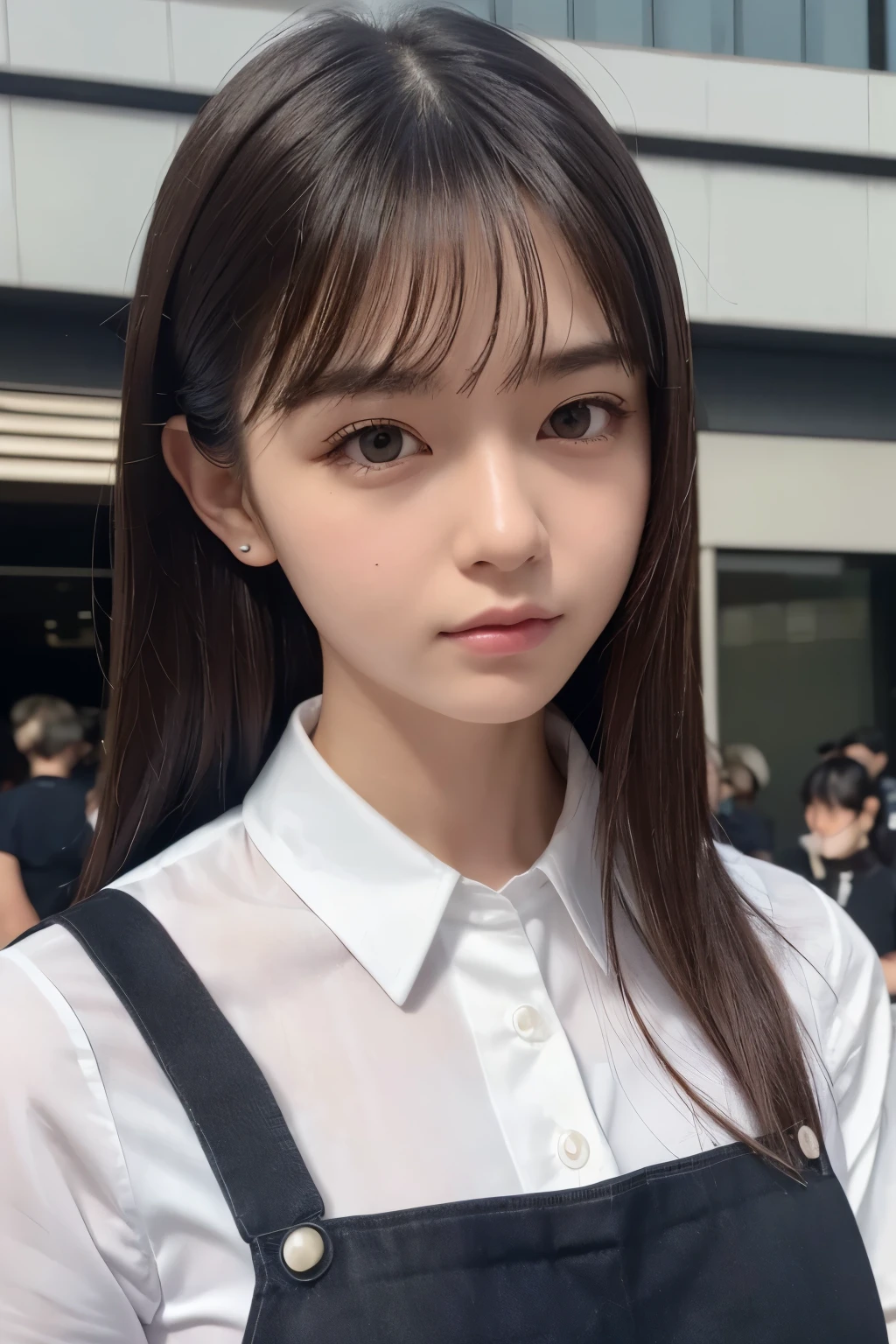detailed face, cute face, ((masterpiece, Highest quality)), (One girl), (alone), (Focus on women), night (Chainsaw Man),(Highly detailed face, The real picture, Realistic white skin, Realistic body, Intricate details), Upper Body, Severe , Brown eyes, Looking at the audience, bandage over the body, Black Hair, Long sleeve shirt, Pinafore dress, Black tie, bandage, bandage, Small breasts