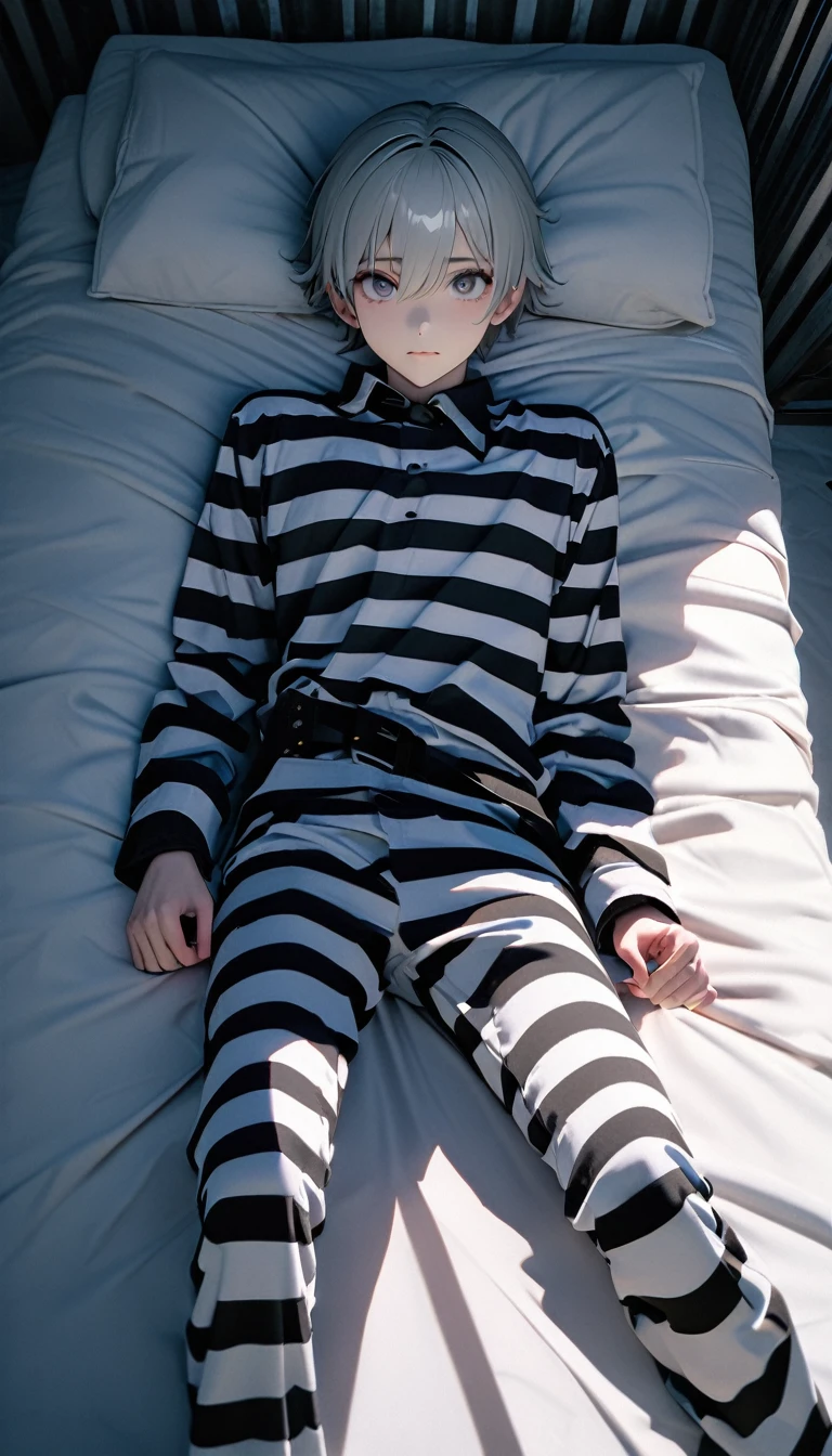 (8K, RAW photos, best quality, masterpiece: 1.4), (((Boy lying on hard bed))),Ultra-high resolution, Extremely detailed, light, Full body close-up, handsome boy, black eyes, (delicate eyes, Eyes are bright:1.2), Gray short hair, Fair skin,dark, Black and white striped prison uniform,Black and white striped prison pants,(perfect anatomy:1.2), High-quality shadows, Natural Lighting, (White highlights:1.2), night, cloudy day, (Dark room:1.2), (The prison is surrounded by steel walls.:1.2)