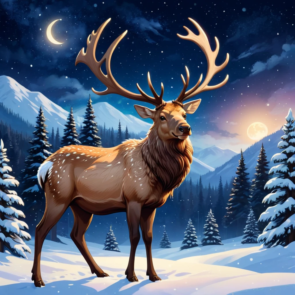 sticker,A Christmas elk, Winter night sky background,Huge Christmas tree