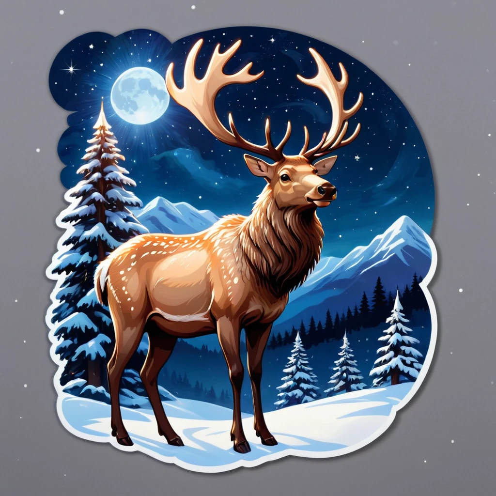sticker,A Christmas elk, Winter night sky background,Huge Christmas tree