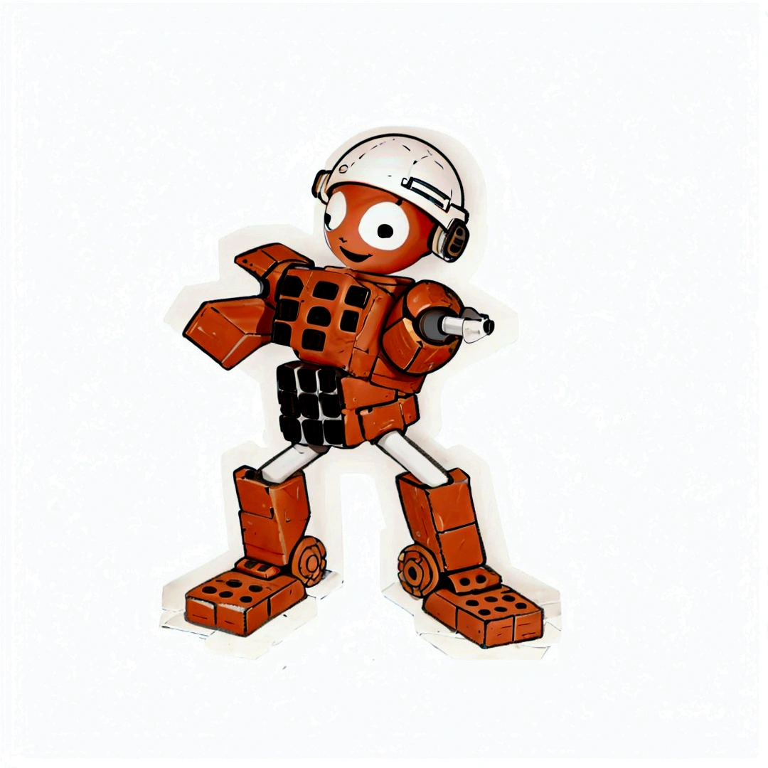 A robot smiles with a spherical head made of bricks, round ears, with a white construction helmet, the arms are made of cobblestone bricks each, shoulders made of colonial tiles, the body is made with two bricks with 9 holes in position. perpendicular, the chest showing the 9 holes and the stomach brick with 9 holes on the side, legs made of 2 PVC pipes, calves made of colonial tiles, feet made of bricks with 12 holes