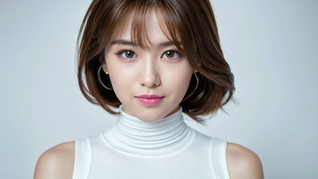 (Detailed face),vivid,chest,cute,Sleeveless and(turtleneck)Silver,4K,Ultra-high resolution,(Photorealistic:1.7),White background,Long Hair,