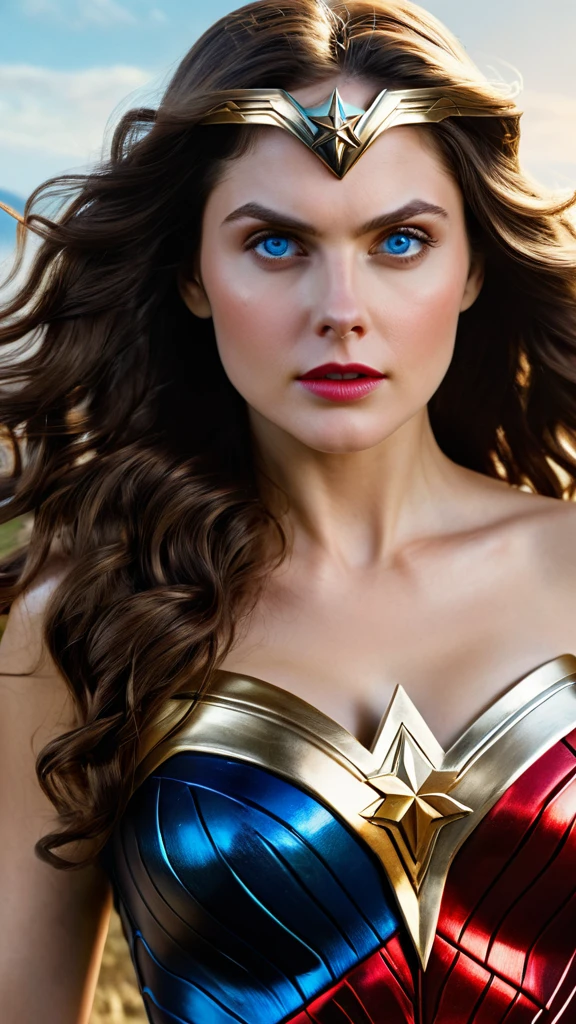 (Masterpiece, 8K, UHD, high resolution: 1.4), powerful portrait of Alexandra Daddario as Wonder Woman, (iconic Wonder Woman costume: 1.3), (golden tiara with red star: 1.2), (long, wavy brown hair: 1.2), (piercing blue eyes: 1.3), (confident and heroic pose: 1.2), (detailed shield and sword: 1.2), (background with Themyscira landscape at dawn: 1.1), (epic and inspiring atmosphere: 1.3), realistic and intricate details, (elements of fantasy and action: 1.2), (dynamic and powerful perspective: 1.3)