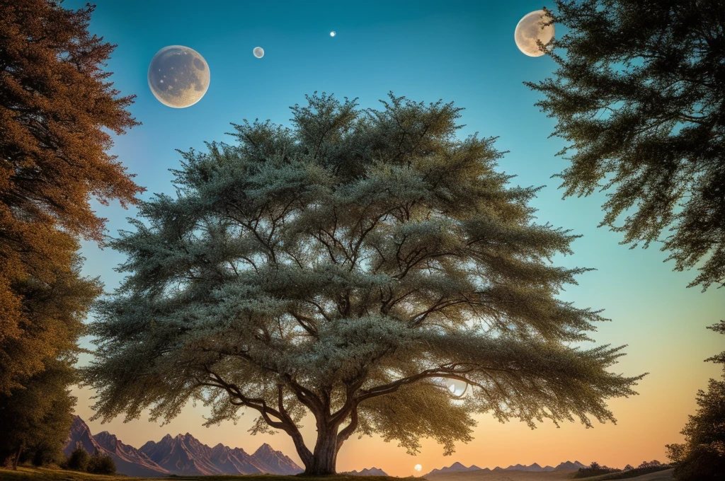 (Very beautiful epic breathtaking landscape), (very beautiful and very strange tree), (alluring, A fascinating sight), (Incredible, difficult to explain), amazing tree, (the full moon illuminates it), (ultra detailed photo, HDR, uhd, 16K), Professional photography, (ultra detailed environment), hyperdetailing, super detailed photo, (masterpiece of world photography),