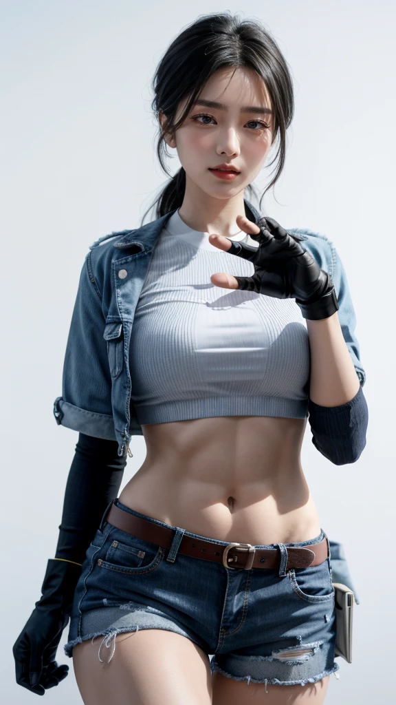 tmasterpiece，8K，Perfect face highly detailed，hdr，Ultra-realistic photo shooting，absurderes，gtscity,giantess,an award winning photograph，The is very detailed，astounding，finely detailled，
KazAsuka，A woman who is，Blue crop top top，，Denim jacket and shorts，with short black hair，Mixed fighting gloves，posed for photo，simply white background