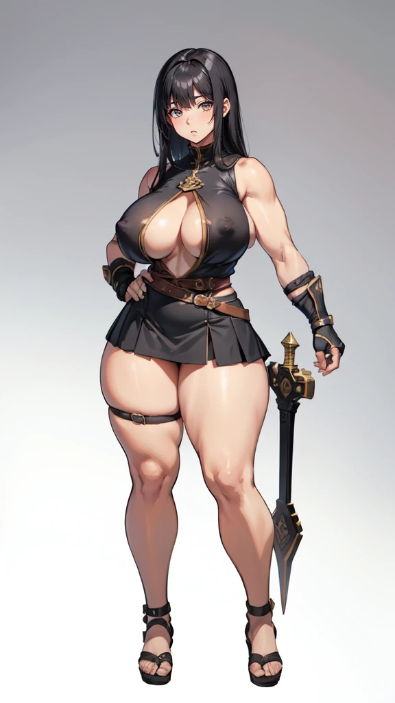 (masterpiece), best quality, female warrior, huge girl, female muscular:1.2, straight hair, black hair, curvy, ((thick thighs:1.4)), (((blank background))), ((full body)), fingerless gloves, sandals, sleeveless, covered nipples, (underboobs:1.3), (straight  hair), (very short skirt)