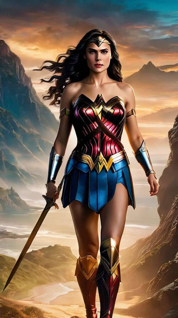 (Masterpiece, 8K, UHD, high resolution: 1.4), powerful portrait of Alexandra Daddario as Wonder Woman, (iconic Wonder Woman costume: 1.3), (golden tiara with red star: 1.2), (long, wavy brown hair: 1.2), (piercing blue eyes: 1.3), (confident and heroic pose: 1.2), (detailed shield and sword: 1.2), (background with Themyscira landscape at dawn: 1.1), (epic and inspiring atmosphere: 1.3), realistic and intricate details, (elements of fantasy and action: 1.2), (dynamic and powerful perspective: 1.3)