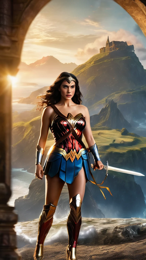 (Masterpiece, 8K, UHD, high resolution: 1.4), powerful portrait of Alexandra Daddario as Wonder Woman, (iconic Wonder Woman costume: 1.3), (golden tiara with red star: 1.2), (long, wavy brown hair: 1.2), (piercing blue eyes: 1.3), (confident and heroic pose: 1.2), (detailed shield and sword: 1.2), (background with Themyscira landscape at dawn: 1.1), (epic and inspiring atmosphere: 1.3), realistic and intricate details, (elements of fantasy and action: 1.2), (dynamic and powerful perspective: 1.3)