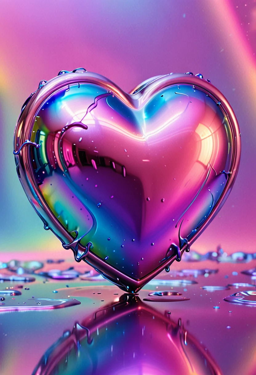 The image shows a melted heart in the background. front image, metallic heart that has a shine, iridescent quality. The heart is a mix of pink and blue tones., giving it a vibrant and eye-catching appearance. The background is bright holographic color of pink and purple., which enhances the overall futuristic and glamorous aesthetic of the image.