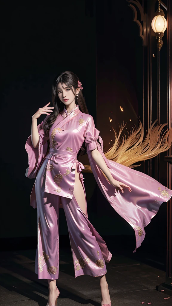 This work of art is、Flowing, Pink silk traditional oriental dress, tight translucent trousers, Decorated with intricate patterns and vibrant colors. Her dress gracefully covers her curves, Accentuate her seductive silhouette. She stands gracefully beside a tranquil lotus lake, Wrapped in the soft glow of the moonlight.