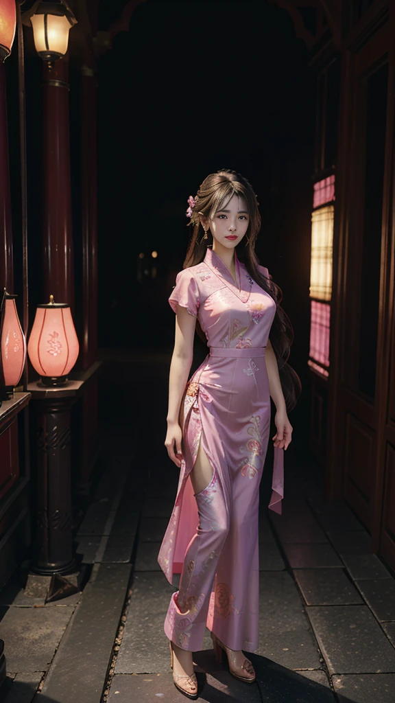 This work of art is、Flowing, Pink silk traditional oriental dress, tight translucent trousers, Decorated with intricate patterns and vibrant colors. Her dress gracefully covers her curves, Accentuate her seductive silhouette. She stands gracefully beside a tranquil lotus lake, Wrapped in the soft glow of the moonlight.