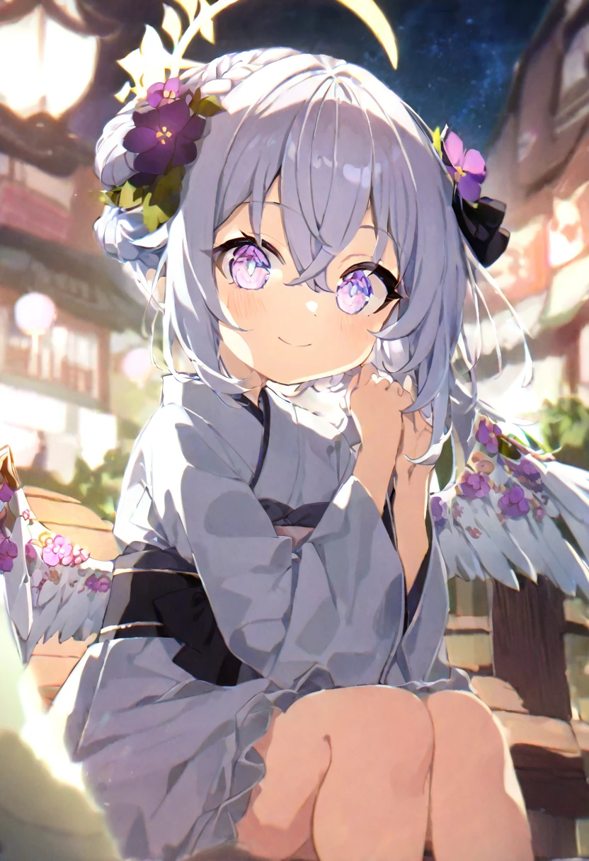azusa \(blue archive\),1girl alternate_costume alternate_hairstyle angel_wings bench blurry braid braided_bun building depth_of_field feathered_wings flower hair_between_eyes hair_bun halo japanese_clothes kimono lamppost long_hair long_sleeves looking_at_viewer night night_sky obi obiage park park_bench purple_eyes sash sidelocks single_hair_bun sitting sky skyline skyscraper solo star_(sky) starry_sky stuffed_toy tree v_arms white_hair white_wings wide_sleeves wings yukata smile