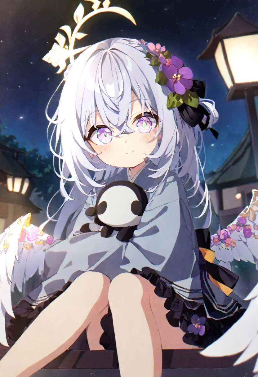 azusa \(blue archive\),1girl alternate_costume alternate_hairstyle angel_wings bench blurry braid braided_bun building depth_of_field feathered_wings flower hair_between_eyes hair_bun halo japanese_clothes kimono lamppost long_hair long_sleeves looking_at_viewer night night_sky obi obiage park park_bench purple_eyes sash sidelocks single_hair_bun sitting sky skyline skyscraper solo star_(sky) starry_sky stuffed_toy tree v_arms white_hair white_wings wide_sleeves wings yukata smile