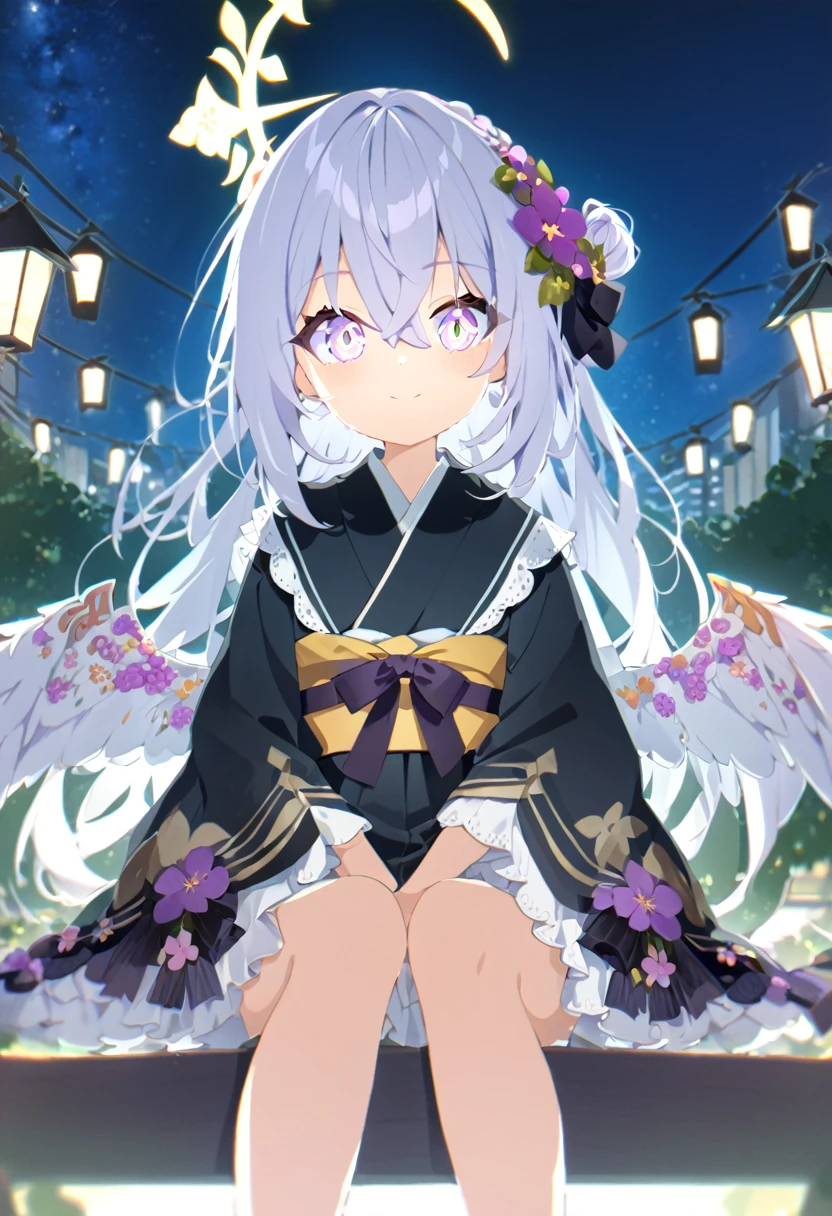 azusa \(blue archive\),1girl alternate_costume alternate_hairstyle angel_wings bench blurry braid braided_bun building depth_of_field feathered_wings flower hair_between_eyes hair_bun halo japanese_clothes kimono lamppost long_hair long_sleeves looking_at_viewer night night_sky obi obiage park park_bench purple_eyes sash sidelocks single_hair_bun sitting sky skyline skyscraper solo star_(sky) starry_sky stuffed_toy tree v_arms white_hair white_wings wide_sleeves wings yukata smile