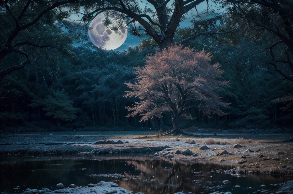 (Very beautiful epic breathtaking landscape), (very beautiful and very strange tree), (alluring, A fascinating sight), (Incredible, difficult to explain), amazing tree, (the full moon illuminates it), (ultra detailed photo, HDR, uhd, 16K), Professional photography, (ultra detailed environment), hyperdetailing, super detailed photo, (masterpiece of world photography), 