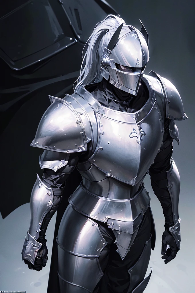 (masterpiece; best quality: 1.2), ((full armored knight man)), ((solo)), (black eyes: 1.4), (body; toned, lean, masculine: 1.3), (beautiful and clear background: 1.2), ((depth of field)), (equipment: full plate all-dark black-rhodium realistic armor + closed helmet with ponytail + black cape: 1.3), (anime illustration: 1.2), (background composition; royal chambers + furniture: 1.1), (extremely fine and handsome: 1.1), (shot composition; standing + centered on torso + close-up: 1.5)