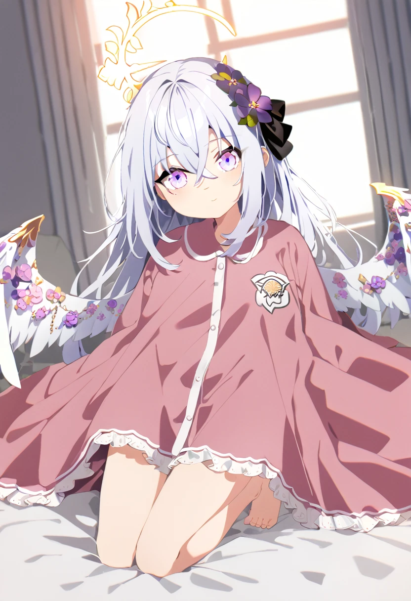 azusa \(blue archive\), 1girl alternate_costume angel_wings barefoot black_pajamas blanket crossed_bangs feathered_wings feet halo kneeling long_hair on_bed open_mouth pajamas purple_eyes sidelocks smile solo toes under_covers very_long_hair white_hair wings